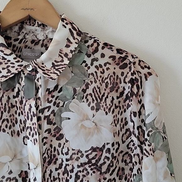 Chico's Flora Leopard Print Poised Blooms Sheer Button Down Tunic Size Small - Picture 2 of 7